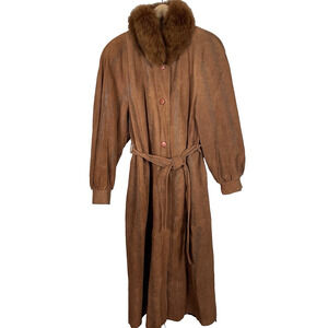 Vtg 70s Suede Trench Coat w/ Genuine Fox Fur Collar Women’s L Brown Aspen Chic